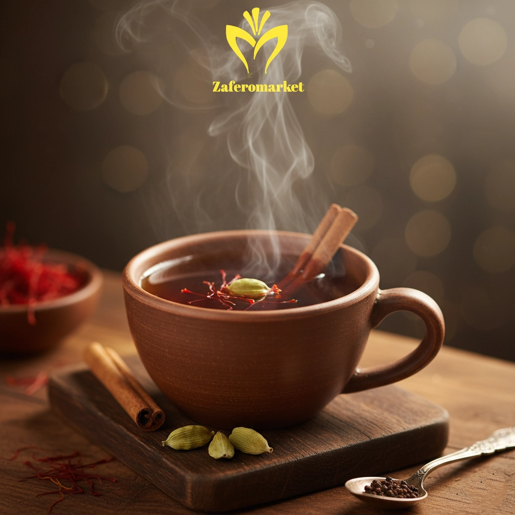 3️⃣ چای سیاه زعفرانی با دارچین؛ گرمایی برای روزهای برفی