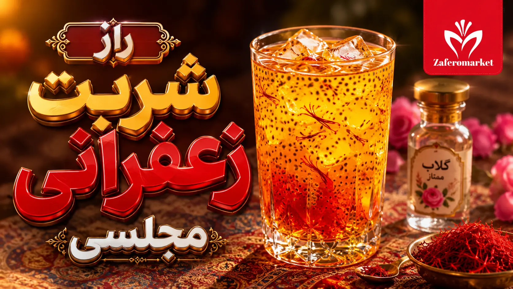 آموزش گام‌به‌گام طرز تهیه شربت زعفران مجلسی با گلاب و تخم شربتی.